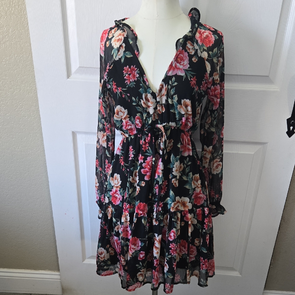 American Eagle Outfitters Pink and Green Plunge Neck Ruffled Dress